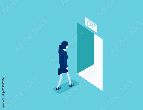 Woman walking to the exit through an open door. Escape route concept, Isometric vector style