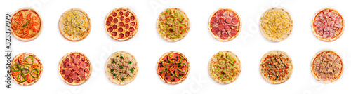 Set of pizza isolated, top view, on white background. Pizza photo for for menu card, web design, site, shop, advertising or delivery fast food.