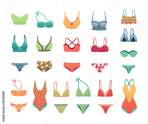 Summer beach bikini and swimwear set, girls and womans underwear lingerie vector illustration. Swimming suits collection. Ladies swimsuit for summer vacation. Bikini trendy collection.