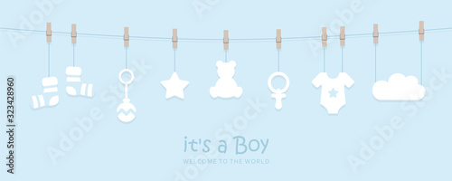 its a boy welcome greeting card for childbirth with hanging baby utensils vector illustration EPS10