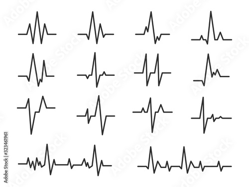 Ecg. Sinusoidal pulse lines, frequency heartbeat stress testing life, monitor with signal graphic pulsing, cardiogram heartbeat logo vector set