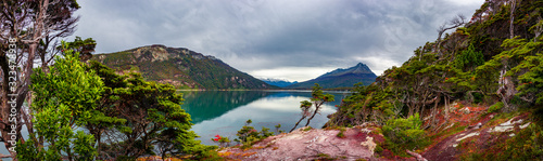 Panoramic view over magical austral forest and turquoise lagoons in Tierra del Fuego National Park, Beagle Channel, Patagonia, Argentina, early Autumn