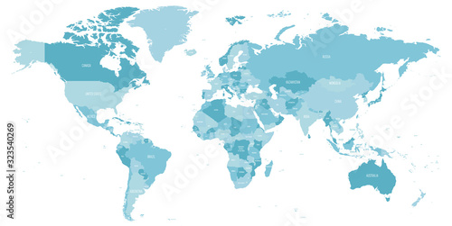 Map of World in shades of blue. High detail political map with country names. Vector illustration