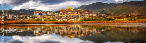 Panorama scene of Songzanlin Temple, is Tibetan Buddhist monastery in Zhongdian city, Shangri-La, Yunnan province, China, travel and tourists,famous place and landmark,religious and holiday concept