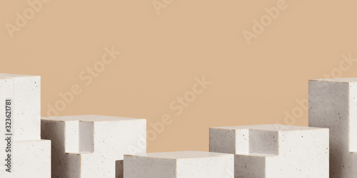 Abstract background for branding and minimal presentation. White ceramic geometry podium with beige background. 3d rendering illustration.