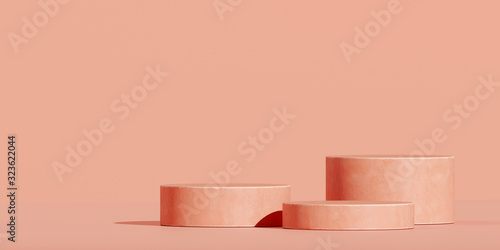 Minimal background for branding and packaging presentation. Coral podium with coral background. 3d rendering illustration.