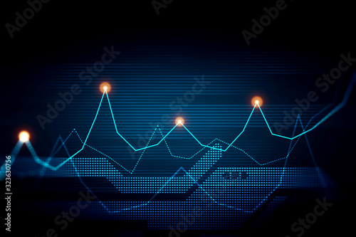 Financial forecast chart analyzing. Graph reflects data behavior over historic period. Statistic research concept. 3d rendering