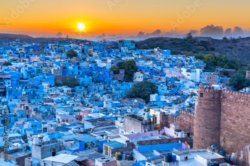 Jodhpur, the Blue City, Rajasthan, India, Blue houses at sunset in Jodhpu.
