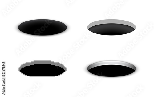 Hole in the ground, vector black cartoon hole in various styles, open manhole, a set of abstract opening illustrations