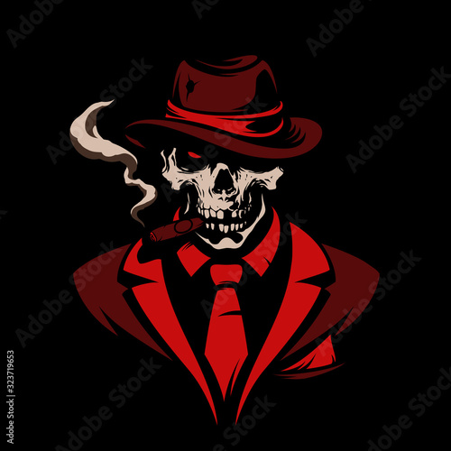 Skull in gangster hat with cigar on black background