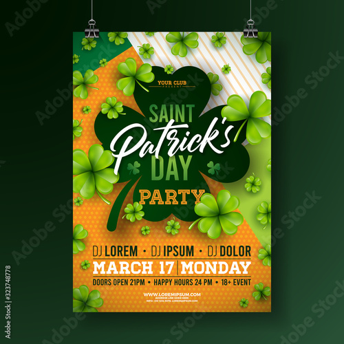 Saint Patricks Day Party Flyer Illustration with Clover and Typography Letter on Abstract Background. Vector Irish Lucky Holiday Design for Celebration Poster, Banner or Invitation.