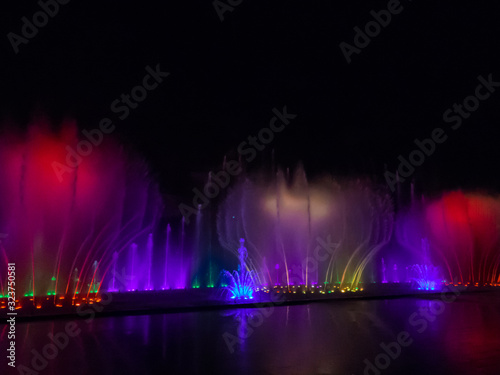 Nha Trang, Vietnam - December 23, 2019: View of the Fountain Show in the Vinpearl Amusement Park by night.