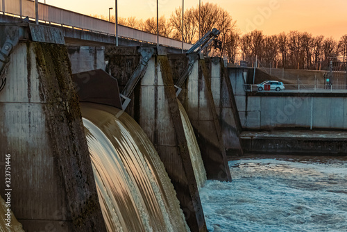 The Plattling weir when the Isar is flooded, Bavaria, Germany