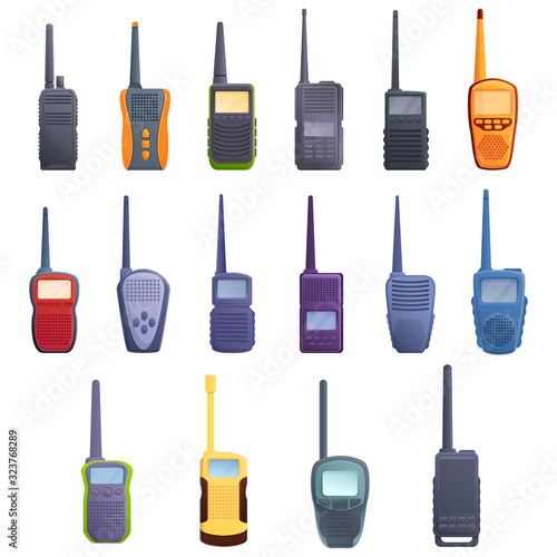 Walkie talkie icons set. Cartoon set of walkie talkie vector icons for web design