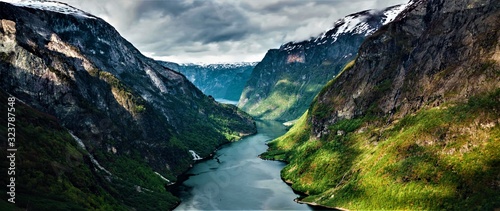  Panorama of beautiful valley with mountains and river in Norway