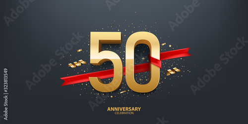 50th Year anniversary celebration background. 3D Golden number wrapped with red ribbon and confetti on black background.