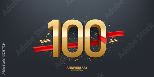 100th Year anniversary celebration background. 3D Golden number wrapped with red ribbon and confetti on black background.