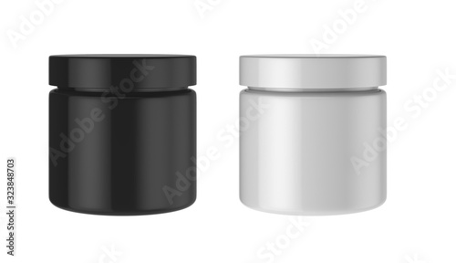 Blank white and black plastic jar cosmetics cream packaging mockup, Isolated on white background. 3D rendering