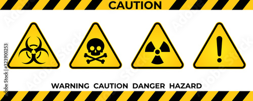 Set of hazard warning signs. Black yellow triangle warning safety and caution signs. Information security hazard vector symbol, icon. Vector illustration