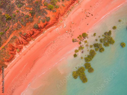 Roebuck bay in broome, western australia as seen from the air. SHowing the pink beach, red cliffs, turquoise water and green mangroves.