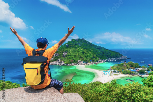 Outdoor adventure man traveler on top island joy fun beautiful nature scenic landscape vacation beach Koh Nang Yuan Attraction landmark tourist travel Thailand summer holiday, Tourism destination Asia