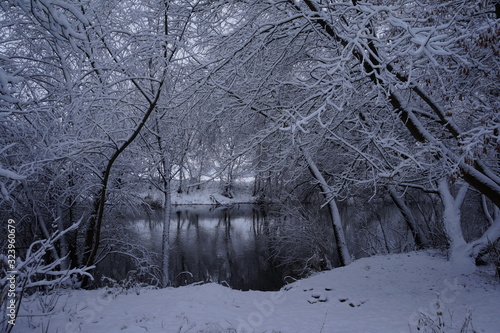 River in winter and tree branches covered with white frost.