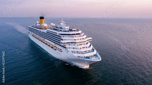 Aerial view large cruise ship at sea, Passenger cruise ship vessel