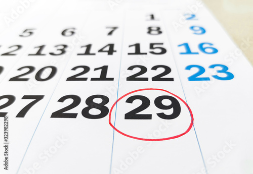 calendar of february in leap year with 29 number in red circle