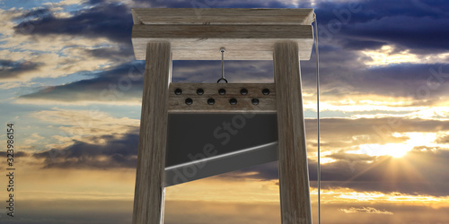 Guillotine against cloudy sky at sunrise background. 3d illustration