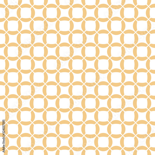 Vector geometric seamless pattern. Simple ornament with grid, mesh, net, weave, lattice, rounded shapes, circles, squares. Abstract white and yellow repeat background. Natural organic style texture