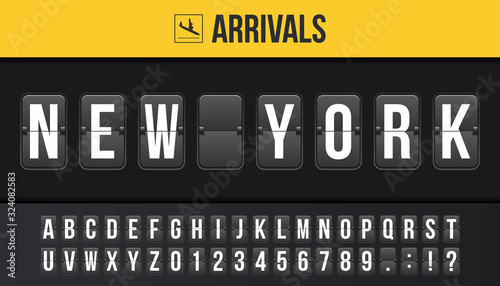 Creative vector illustration of New York airport departure destination, arrivals board, flip scoreboard background. Art design analog airport timetable arrivals, departure sign template concept.