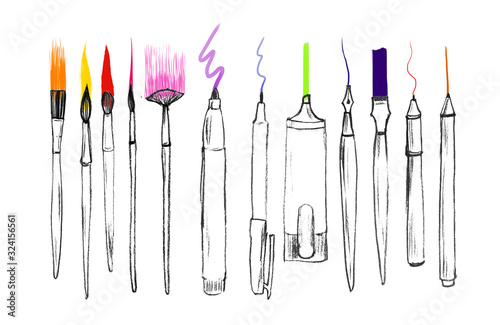 hand drawn painting tools, art materials. mixed media set