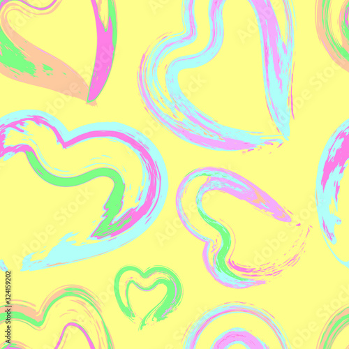 Vector seamless pattern with brush sketchy colorful hearts on yellow backdrop.