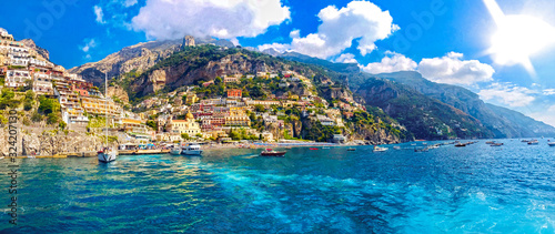 Positano coast , Italy, 2019. Positano village in the mountains. Coastal or coast view. Positano, is a village on the Amalfi Coast, Salerno, Campania. Sea Beach Travel destinations. Europe. Italian. 