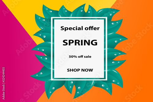 Spring sale banner. Beautiful colorful poster illustration with green leaves for discount, advertising.
