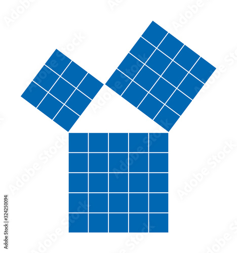 Pythagorean theorem shown with subdivided blue squares. Pythagoras theorem. Relation of sides of right triangle. The smaller squares together have the same area than the big one. Illustration. Vector.