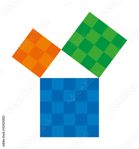 Pythagorean theorem shown with colorful squares. Pythagoras theorem. Relation of sides of a right triangle. The two smaller squares together have the same area than the big one. Illustration. Vector.