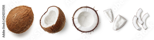 Set of fresh whole and half coconut and slices