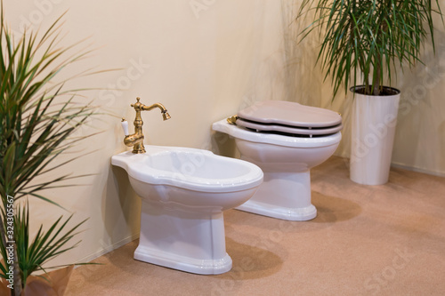 Clean and white toilet and bidet with gold-plated faucet in light bathroom. Beautiful bidet in luxurious bathroom.