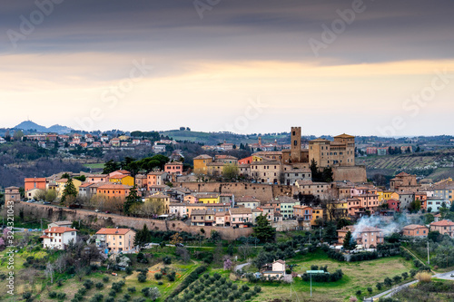 Panorama of the medieval village of Longiano in the Emilia Romagna hills near Cesena in Italy, Europe.