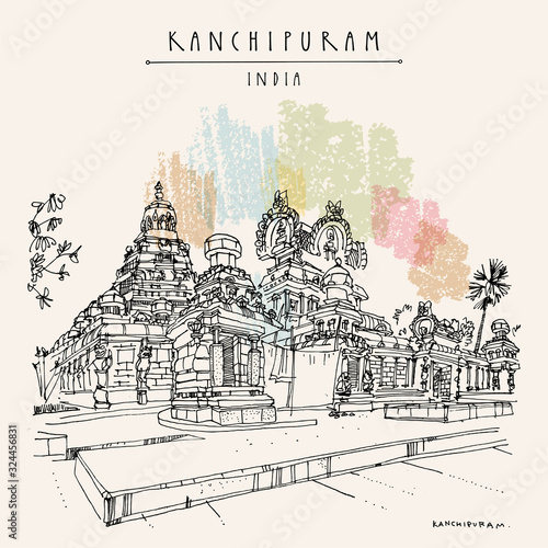 Kanchipuram (Kanchi), Tamil Nadu, South India. Kailasanathar Temple. Hindu religion sacred place. Travel sketch drawing. Vintage hand drawn touristic postcard