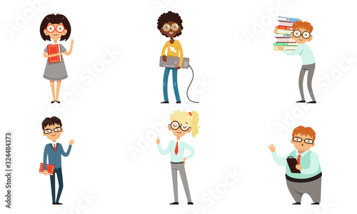 Funny Nerds and Geeks Cartoon Characters Collection, Smart Students in Glasses with Books Vector Illustration on White Background