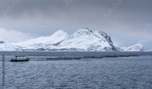 Fishfarm in Winter landscape on Vengsøy Island in northern Norway near Tromsoe