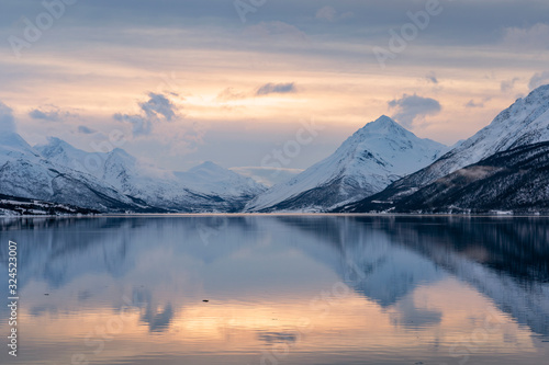 icy winter landscape in the Lyngen Alps, Finnmark in northern Norway north of the polar circle