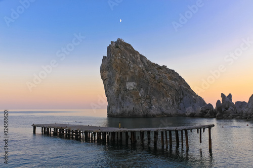 Diva Rock and the old pier, sunset in Crimea, Russia