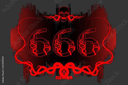 Poster black and red abstract pattern stylistic branches with a skull and numbers 666 EPS10