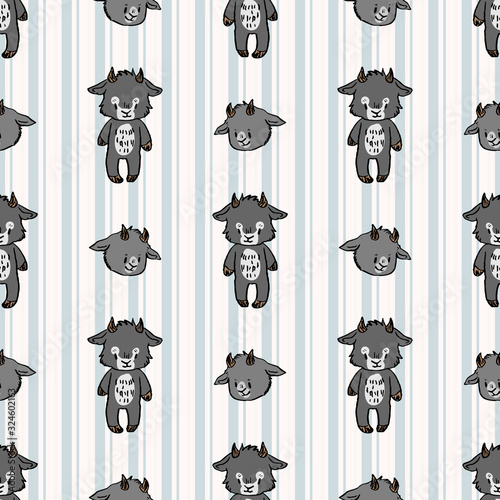 Hand drawn cute naive style goat seamless vector pattern. Cute alpine billy goat on striped background. Gray baby livestock all over print. Farm animal doodle. EPS 10. 