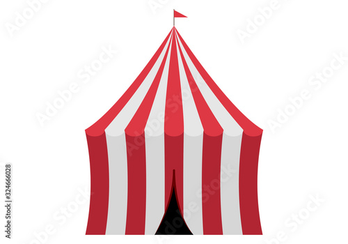 Carpa de un circo con franjas blancas y rojas.