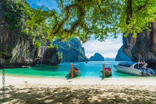 Beautiful nature scenic landscape Koh Lao Lading island beach with boats for traveler, Famous place tourist travel Krabi Phuket Thailand summer holiday vacation trips, Tourism destination scenery Asia