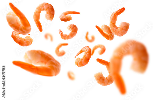 Boiled prawns levitate on a white background